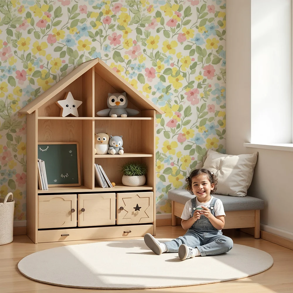 Nursery room wallpaper | Pasztell virágmintás, színes virágokkal