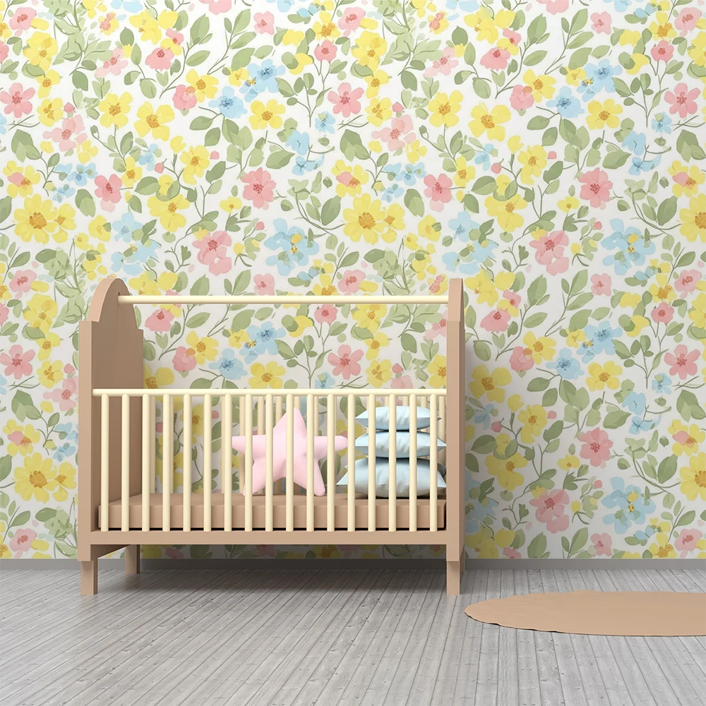 Nursery room wallpaper | Pasztell virágmintás, színes virágokkal