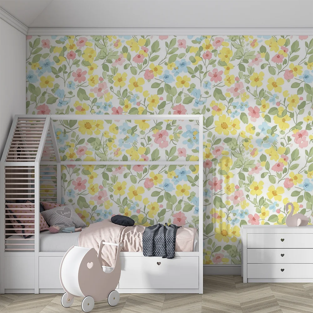 Nursery room wallpaper | Pasztell virágmintás, színes virágokkal