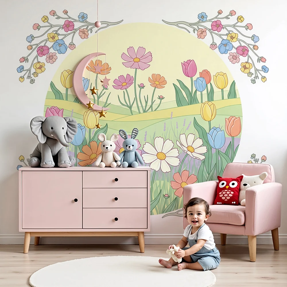 Nursery room wallpaper | Pasztell virágos kert tulipánokkal és margarétákkal