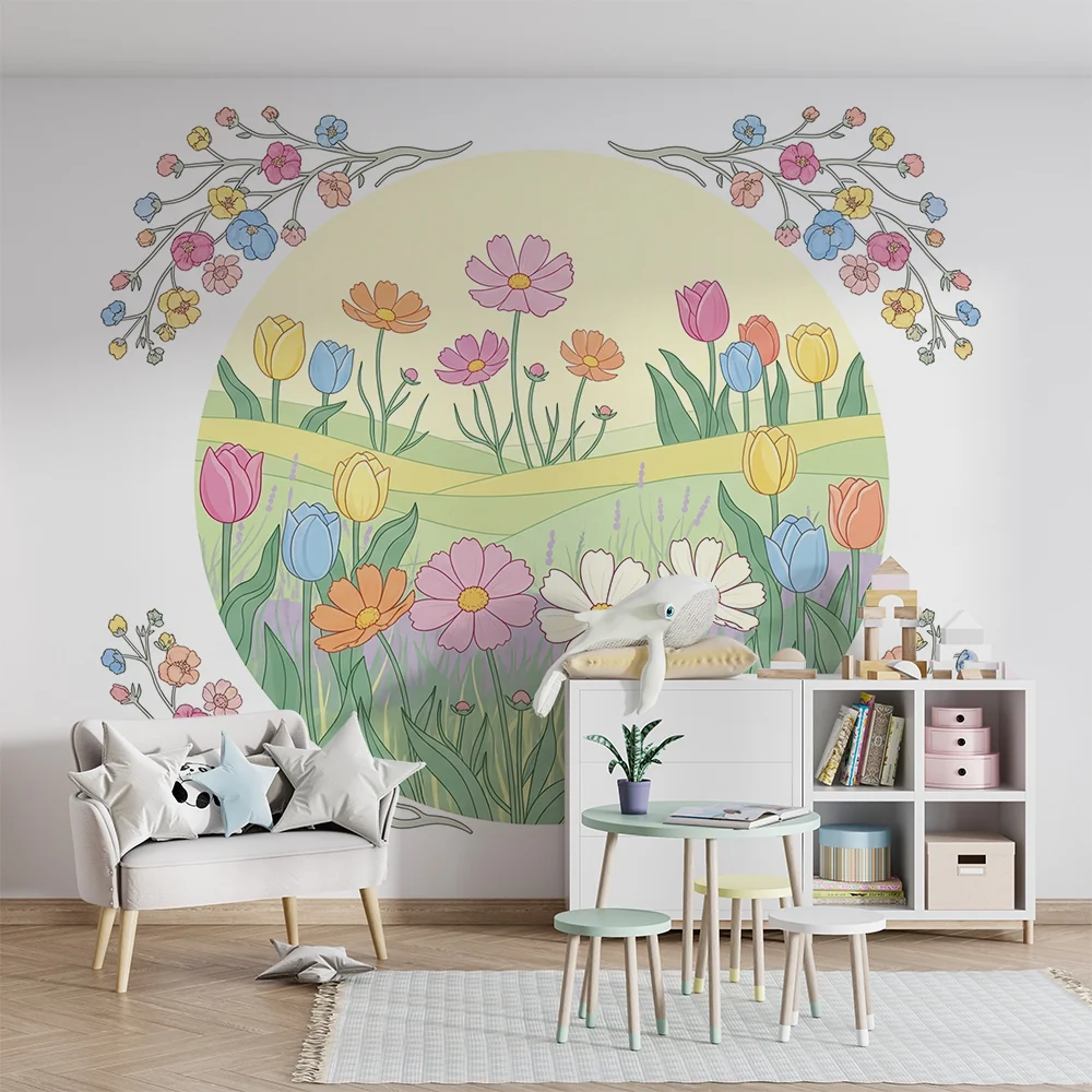 Nursery room wallpaper | Pasztell virágos kert tulipánokkal és margarétákkal