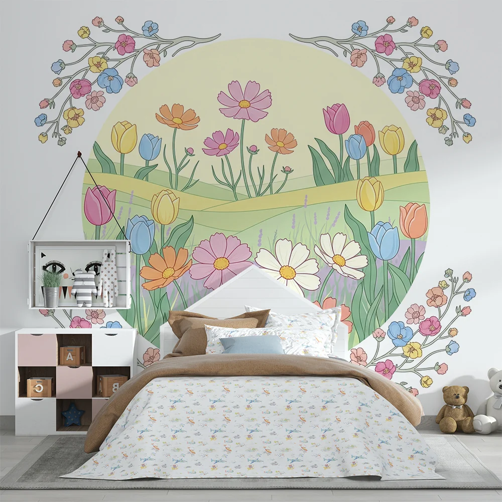 Nursery room wallpaper | Pasztell virágos kert tulipánokkal és margarétákkal