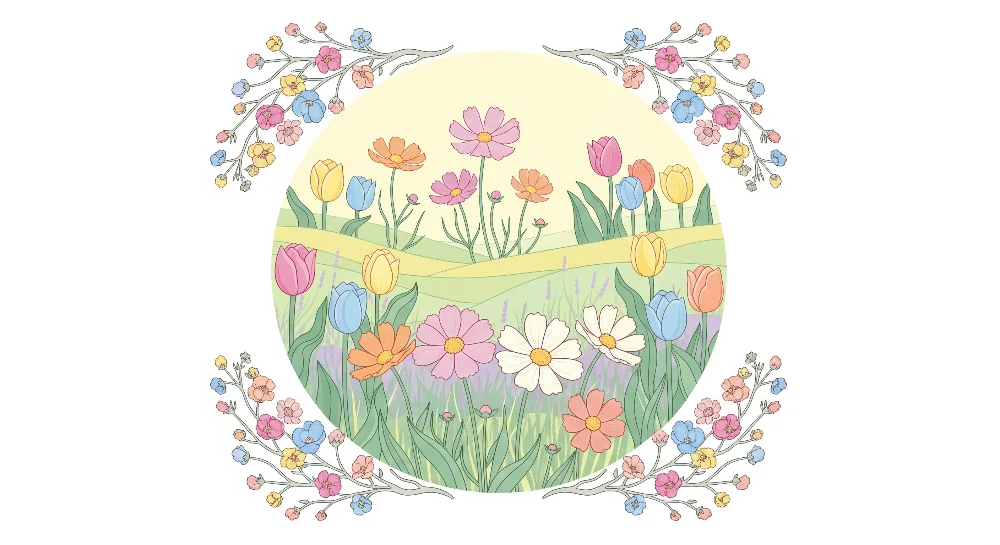 Nursery room wallpaper | Pasztell virágos kert tulipánokkal és margarétákkal