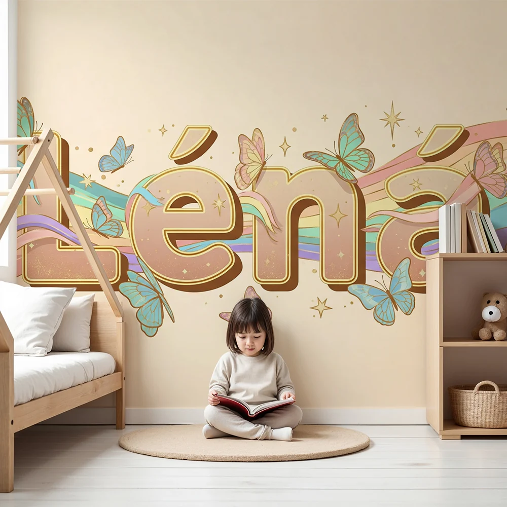 Nursery room wallpaper | Personalized name butterflies and colorful waves