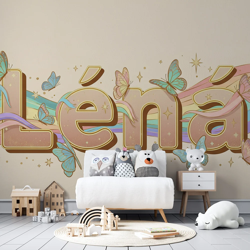 Nursery room wallpaper | Personalized name butterflies and colorful waves