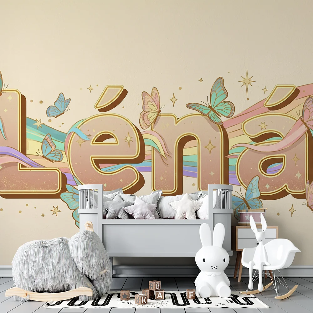 Nursery room wallpaper | Personalized name butterflies and colorful waves