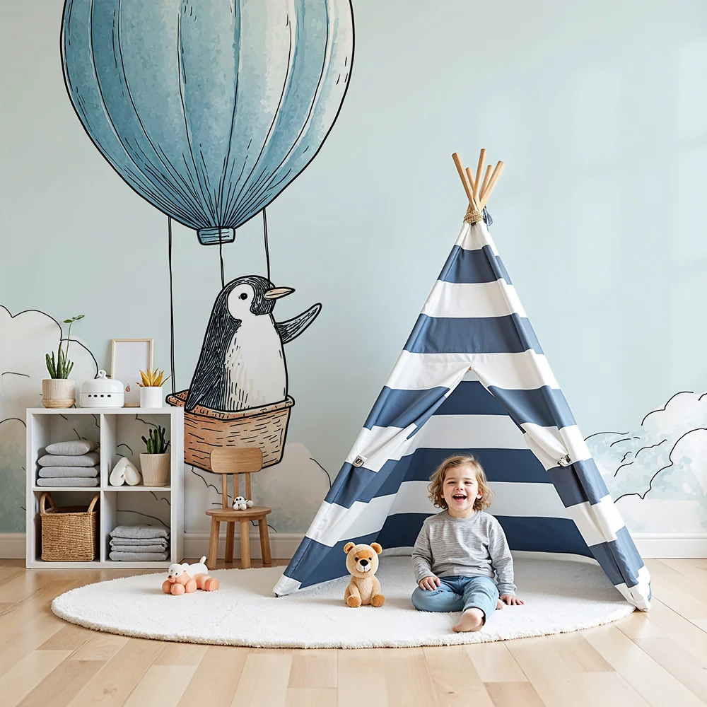 Nursery room wallpaper | Pingvin egy hőlégballonban felhők felett