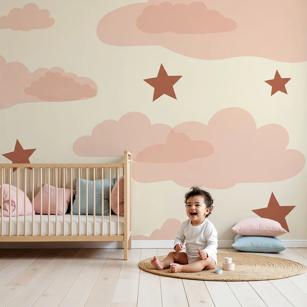Nursery room wallpaper | Pink clouds and terracotta stars on cream background