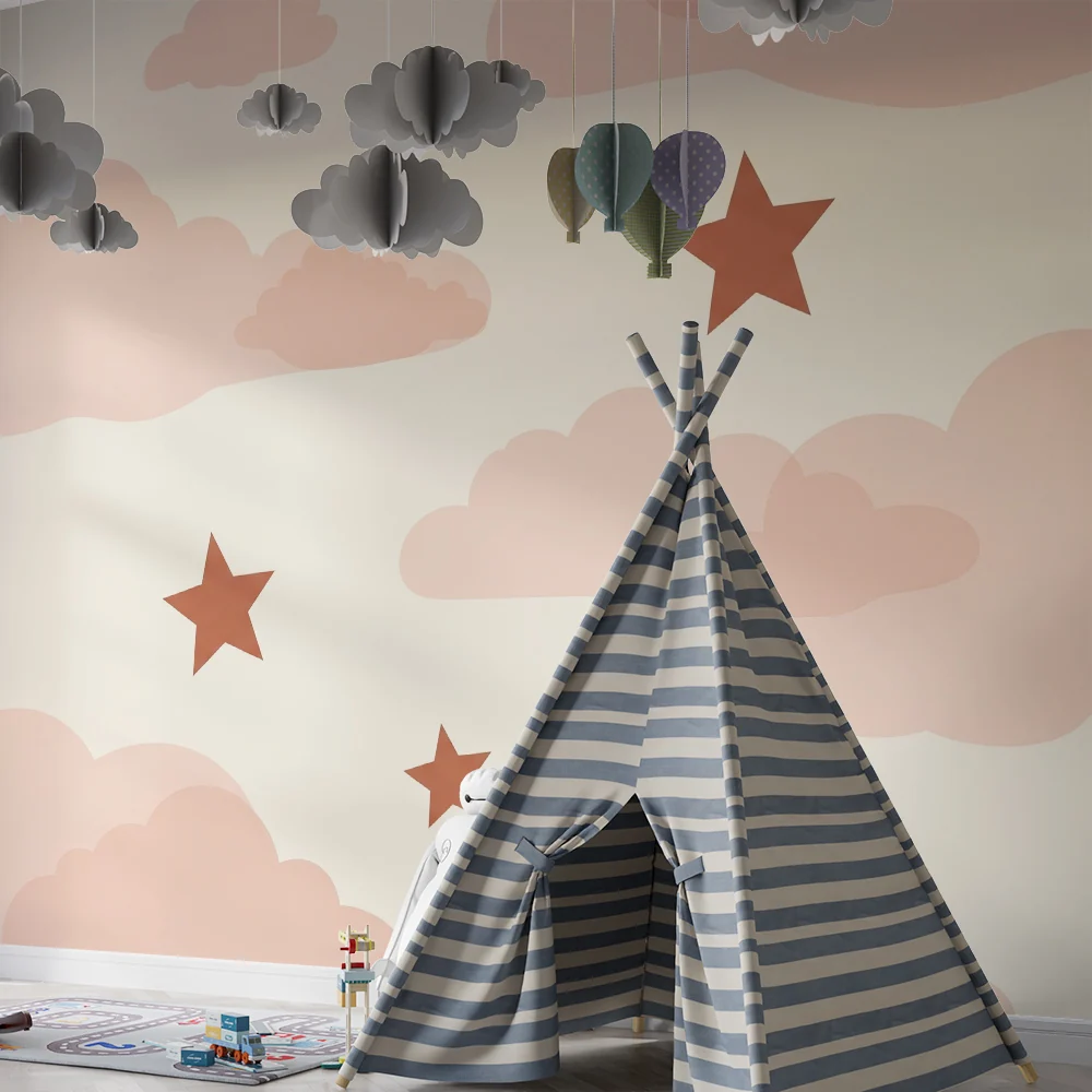 Nursery room wallpaper | Pink clouds and terracotta stars on cream background