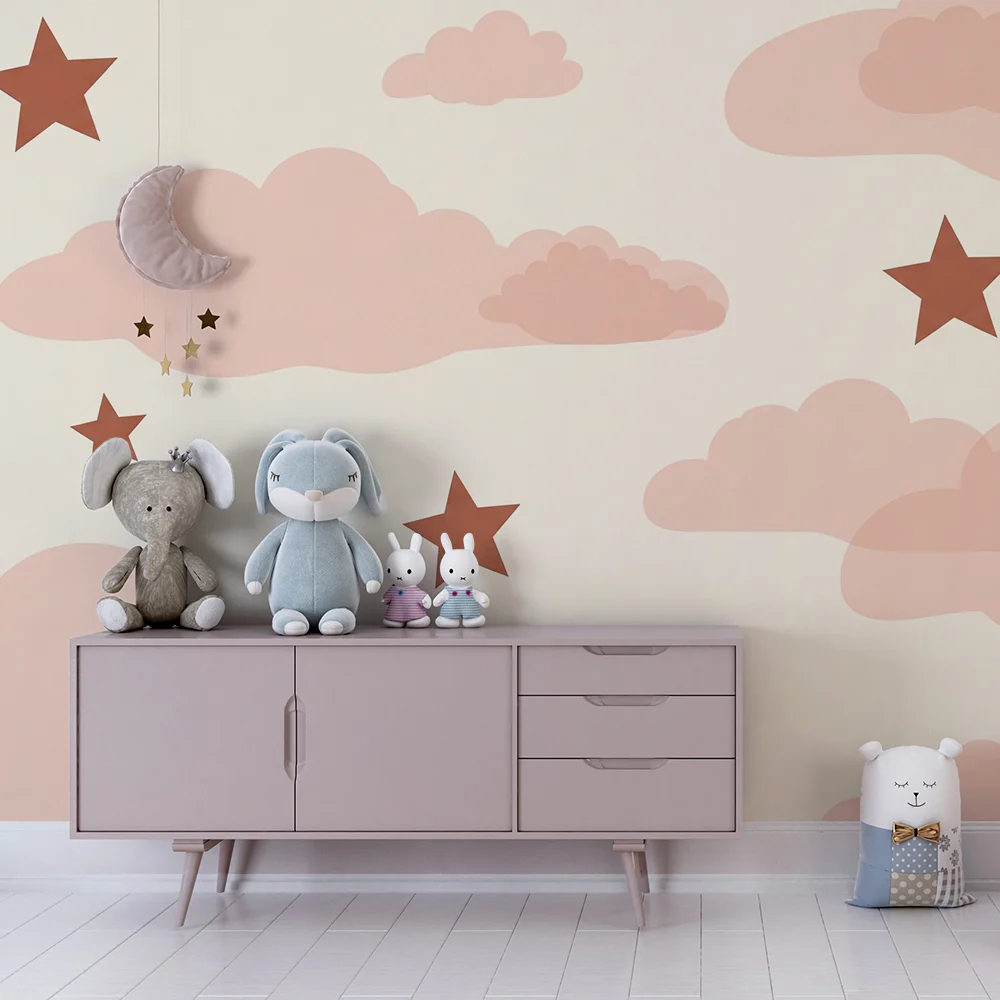 Nursery room wallpaper | Pink clouds and terracotta stars on cream background