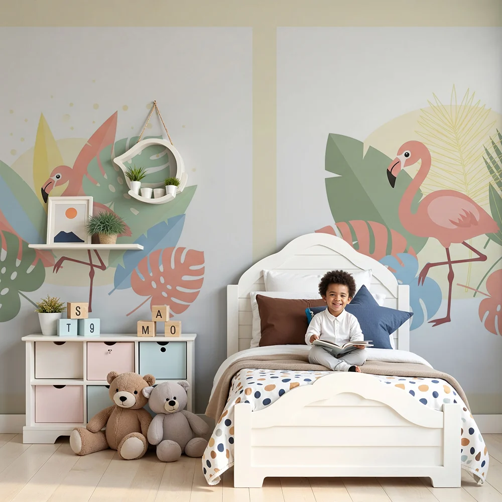 Nursery room wallpaper | Pink flamingos and tropical foliage pastel colors