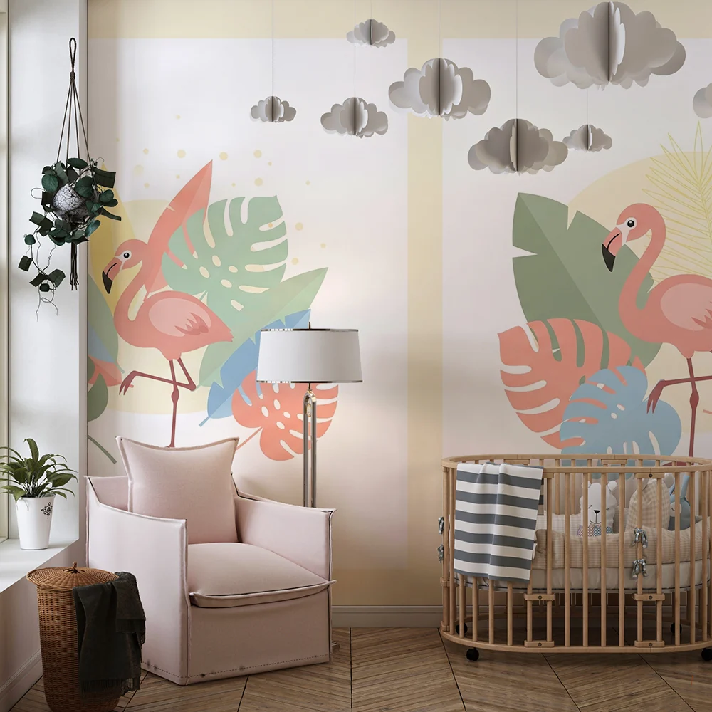 Nursery room wallpaper | Pink flamingos and tropical foliage pastel colors