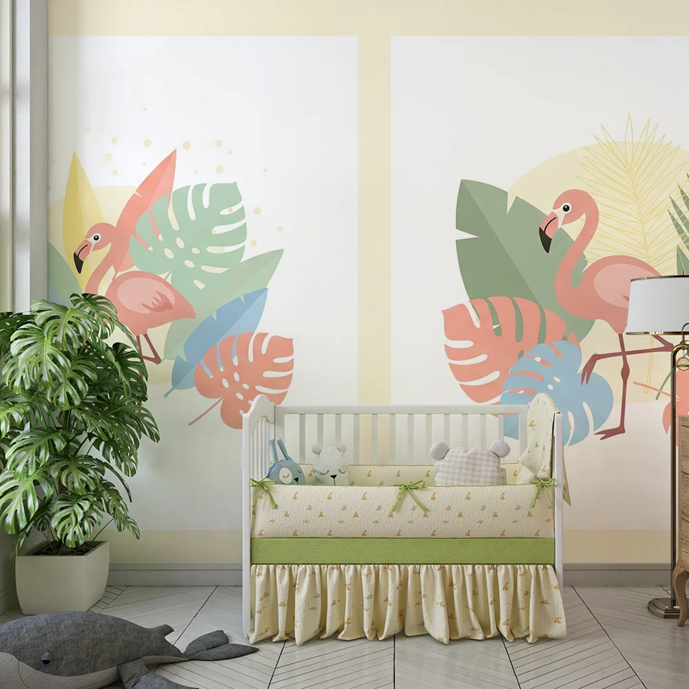 Nursery room wallpaper | Pink flamingos and tropical foliage pastel colors