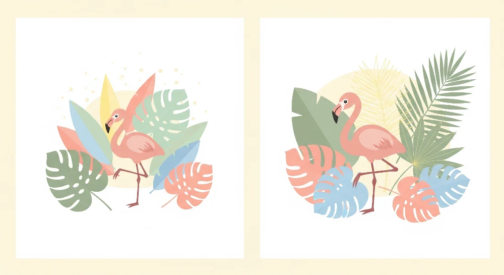 Nursery room wallpaper | Pink flamingos and tropical foliage pastel colors