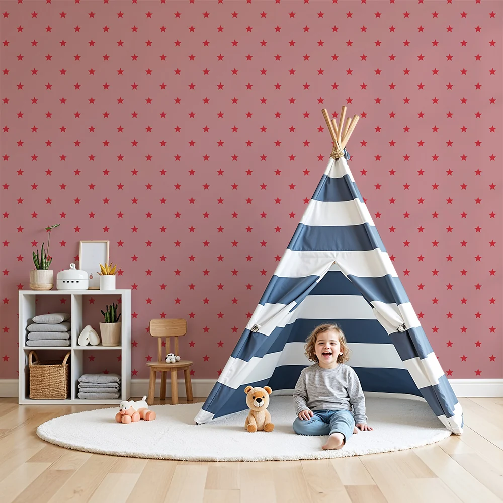 Nursery room wallpaper | Piros csillagok halvány rózsaszín háttéren