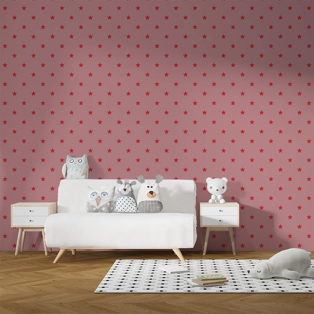 Nursery room wallpaper | Piros csillagok halvány rózsaszín háttéren