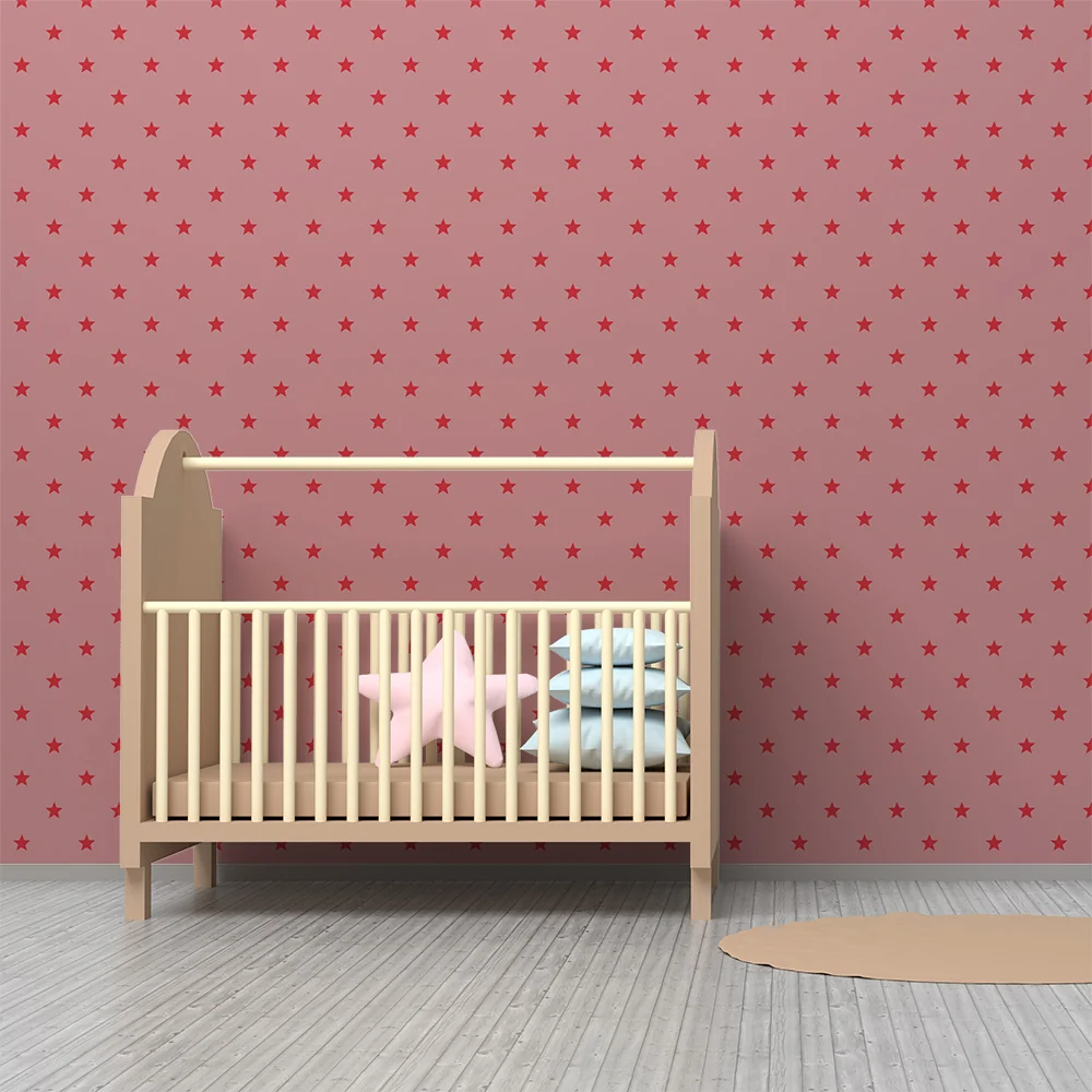 Nursery room wallpaper | Piros csillagok halvány rózsaszín háttéren