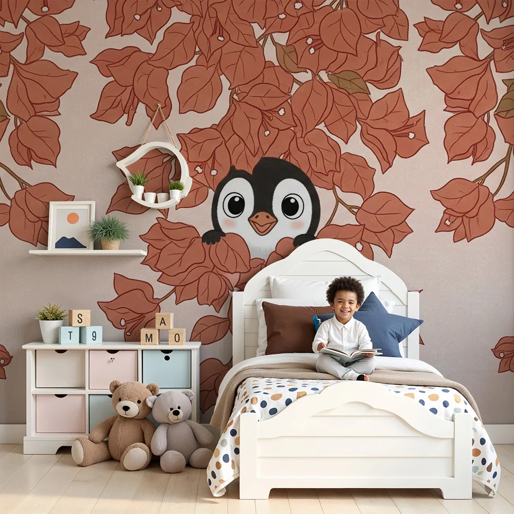 Nursery room wallpaper | Playful penguin among leaves