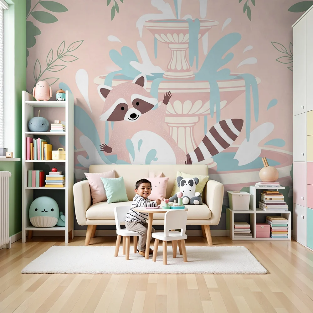 Nursery room wallpaper | Playful raccoon fountain