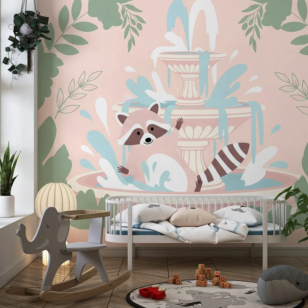 Nursery room wallpaper | Playful raccoon fountain