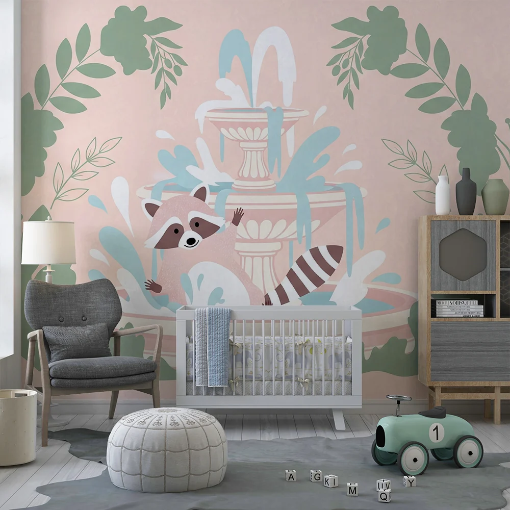 Nursery room wallpaper | Playful raccoon fountain