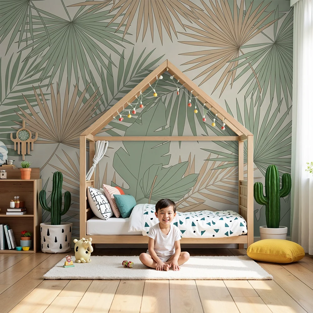 Nursery room wallpaper | Pálmafalevelek enyhe és nyugtató tónusokban