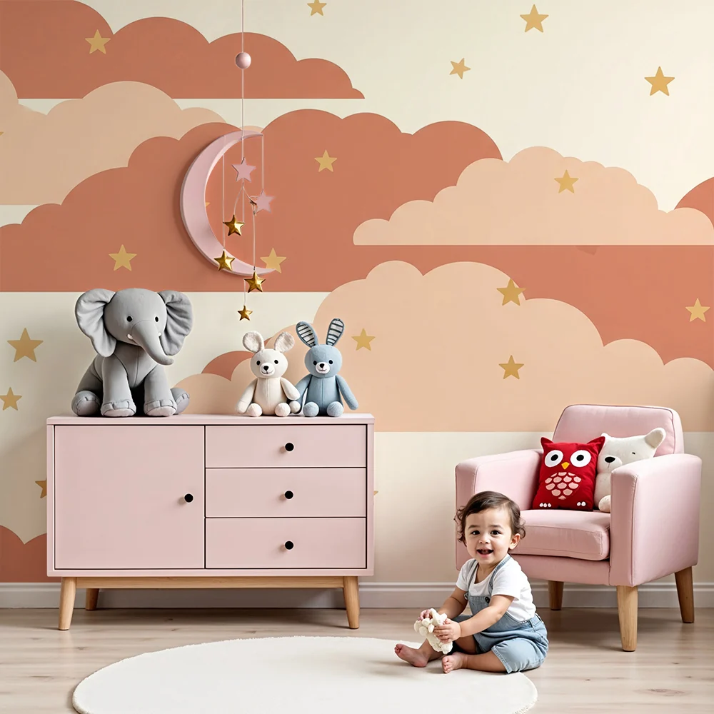 Nursery room wallpaper | Puha felhők és arany csillagok krémszínű háttéren