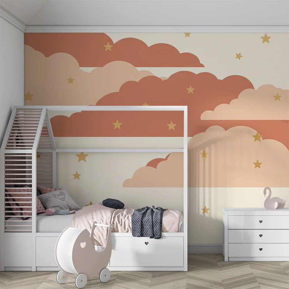 Nursery room wallpaper | Puha felhők és arany csillagok krémszínű háttéren