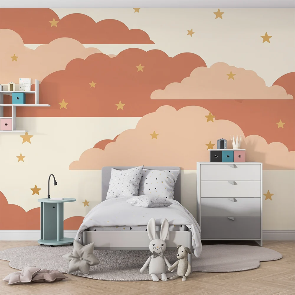 Nursery room wallpaper | Puha felhők és arany csillagok krémszínű háttéren
