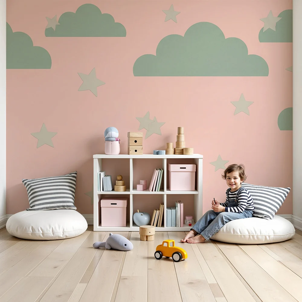 Nursery room wallpaper | Puha felhők és csillagok rózsaszín háttéren