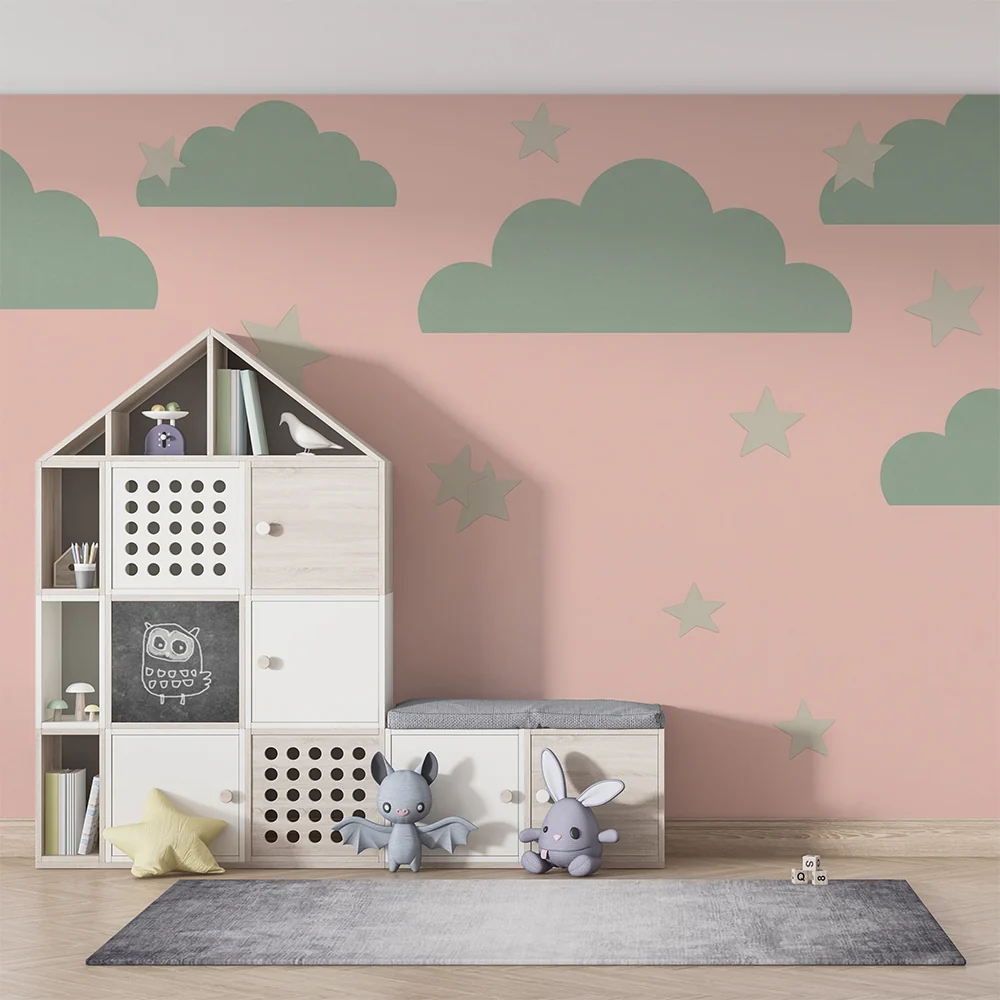 Nursery room wallpaper | Puha felhők és csillagok rózsaszín háttéren
