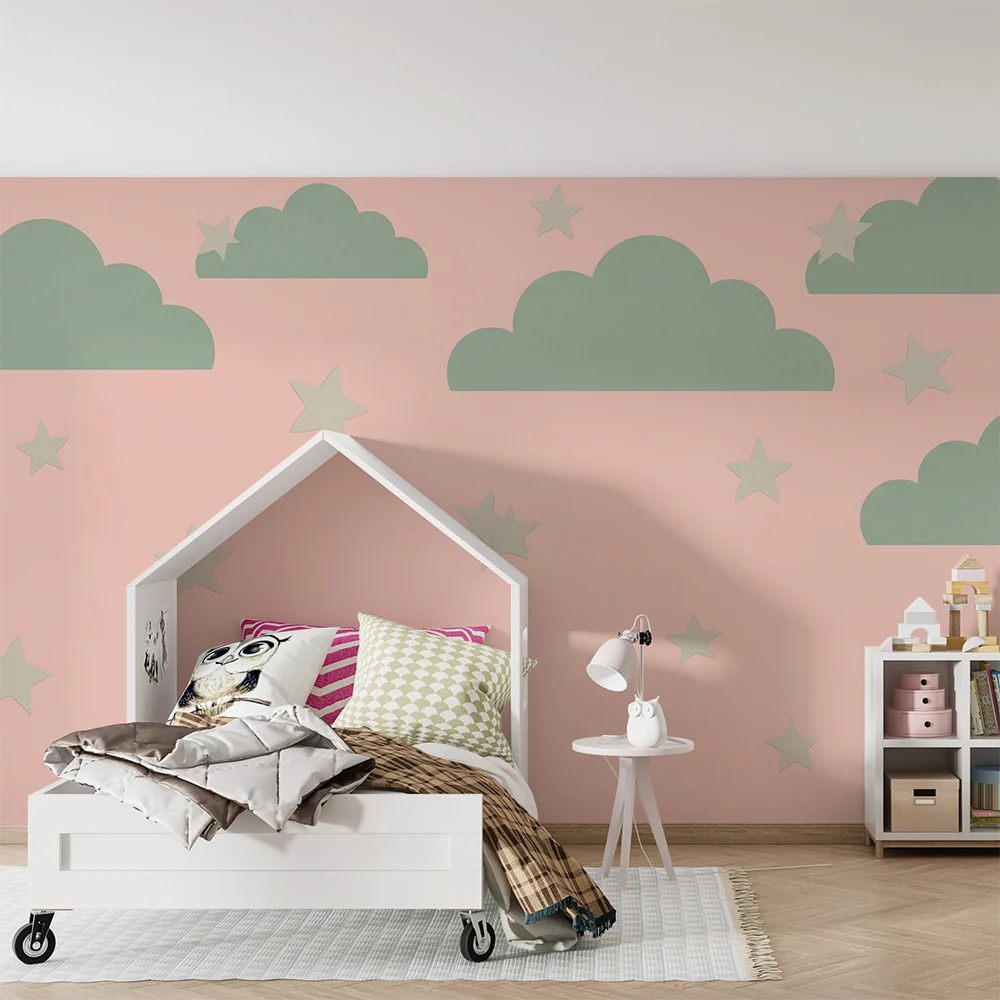 Nursery room wallpaper | Puha felhők és csillagok rózsaszín háttéren