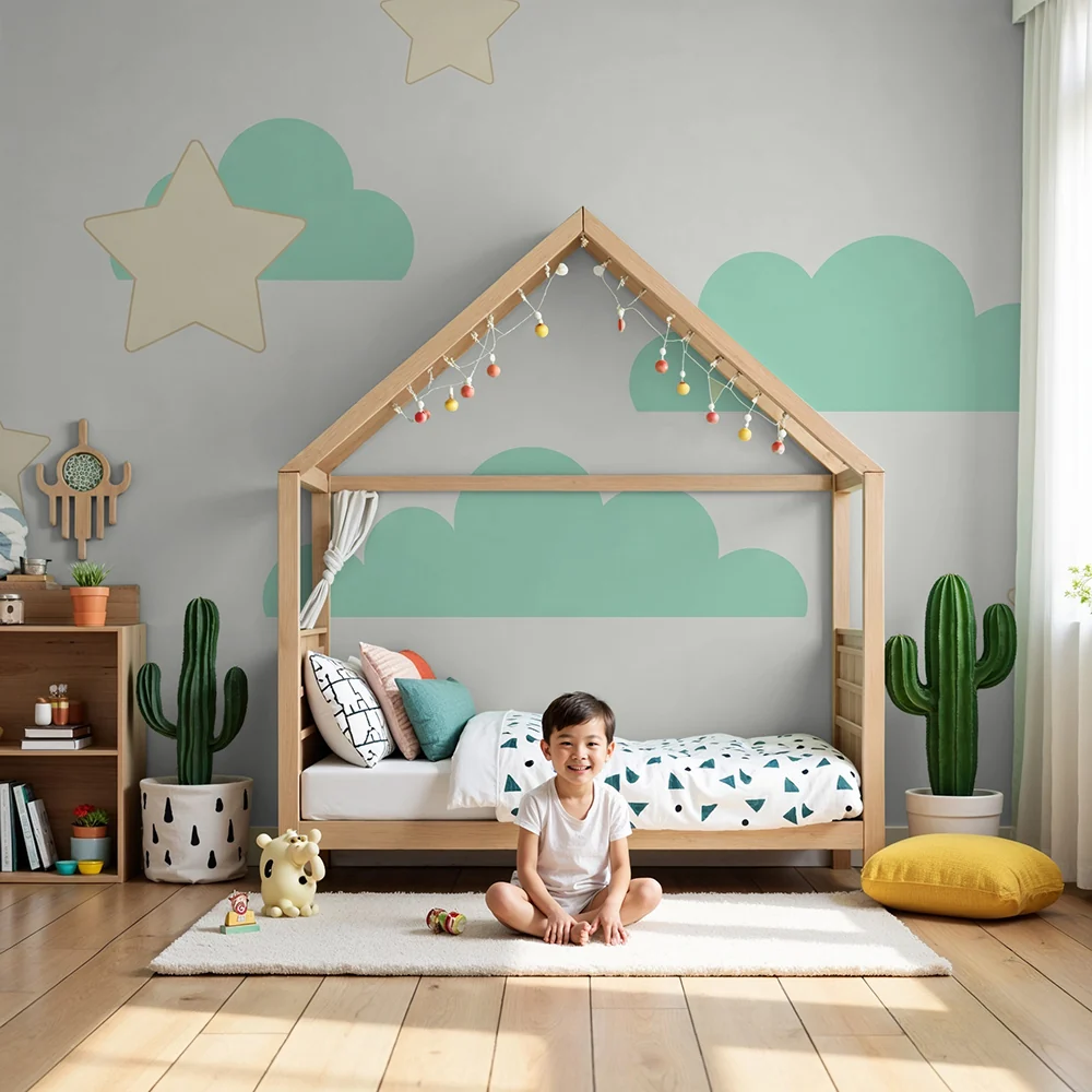 Nursery room wallpaper | Puha felhők és pasztell csillagok egy nyugtató égboltért