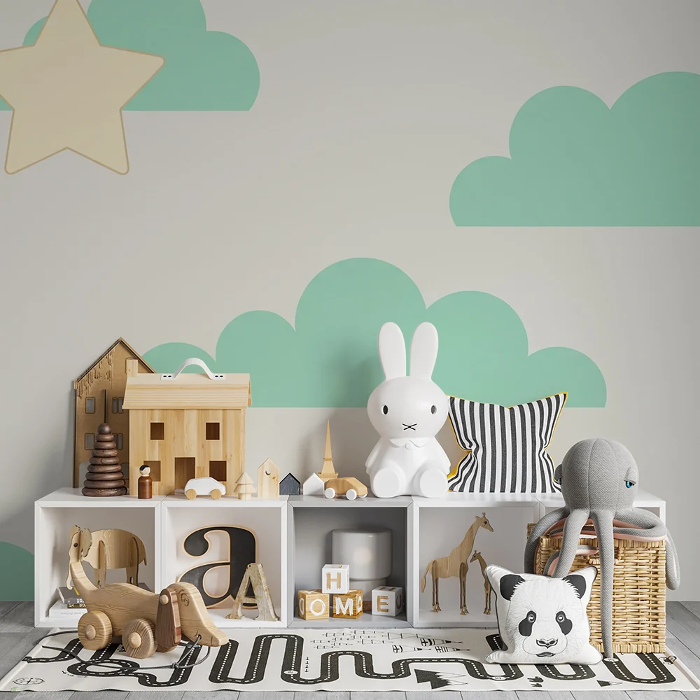 Nursery room wallpaper | Puha felhők és pasztell csillagok egy nyugtató égboltért