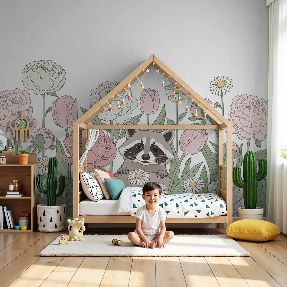 Nursery room wallpaper | Raccoon and delicate flowers
