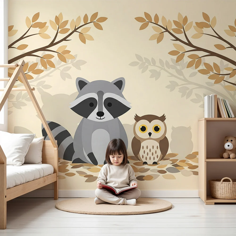 Nursery room wallpaper | Raccoon and owl autumnal setting