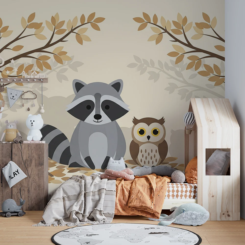 Nursery room wallpaper | Raccoon and owl autumnal setting