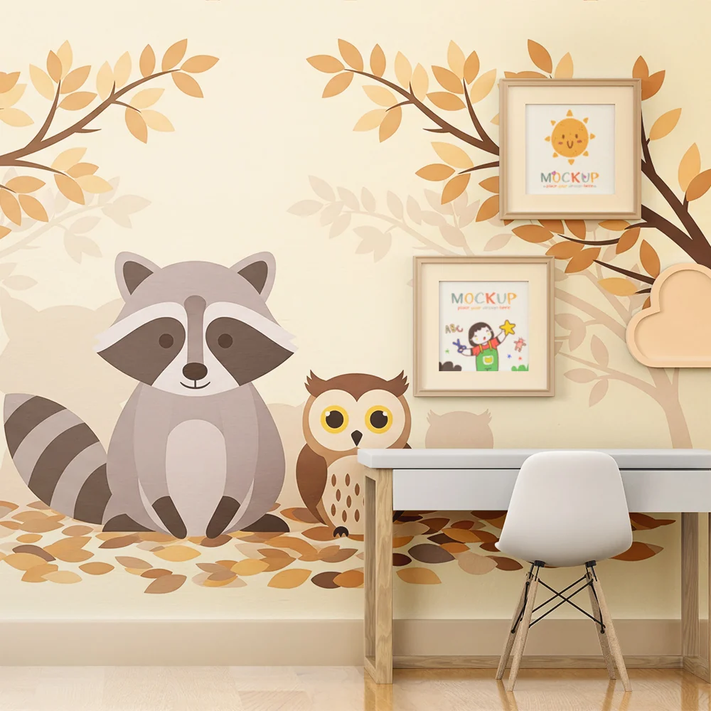 Nursery room wallpaper | Raccoon and owl autumnal setting