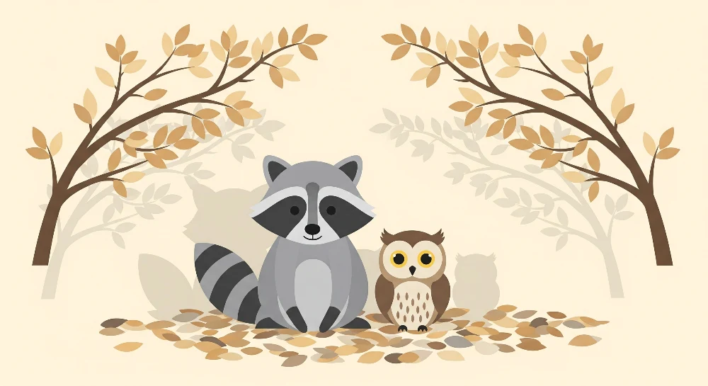 Nursery room wallpaper | Raccoon and owl autumnal setting