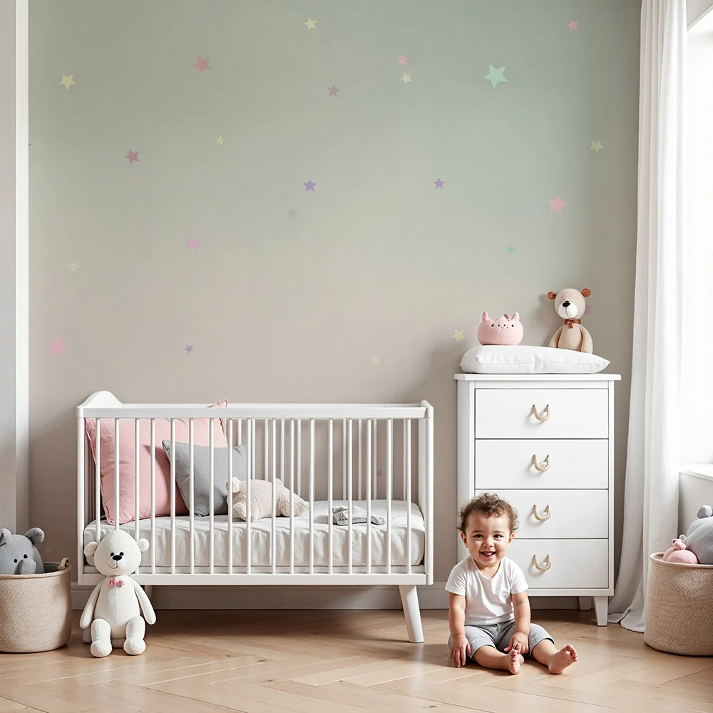 Nursery room wallpaper | Ragyogó pasztell csillagok puha háttéren