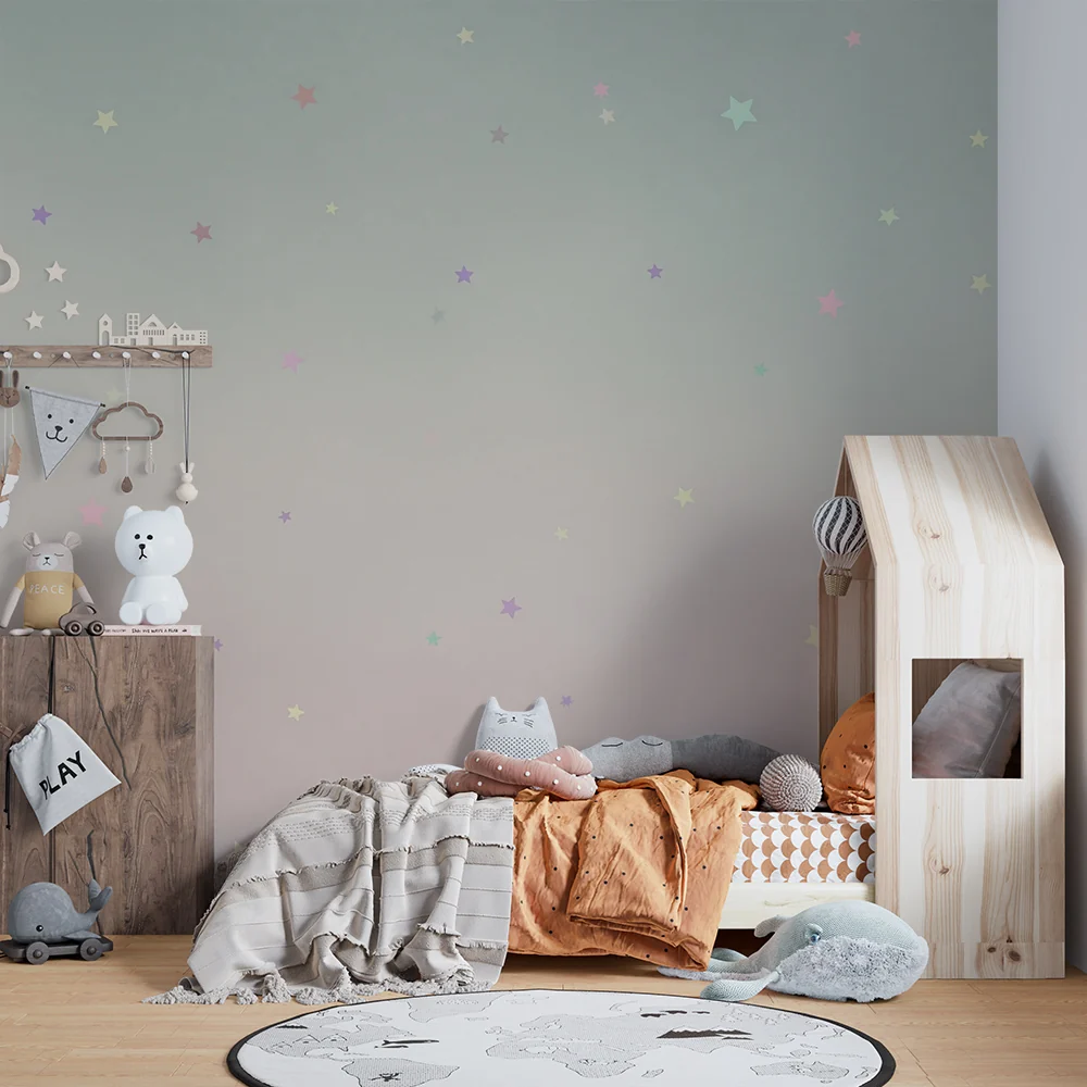 Nursery room wallpaper | Ragyogó pasztell csillagok puha háttéren