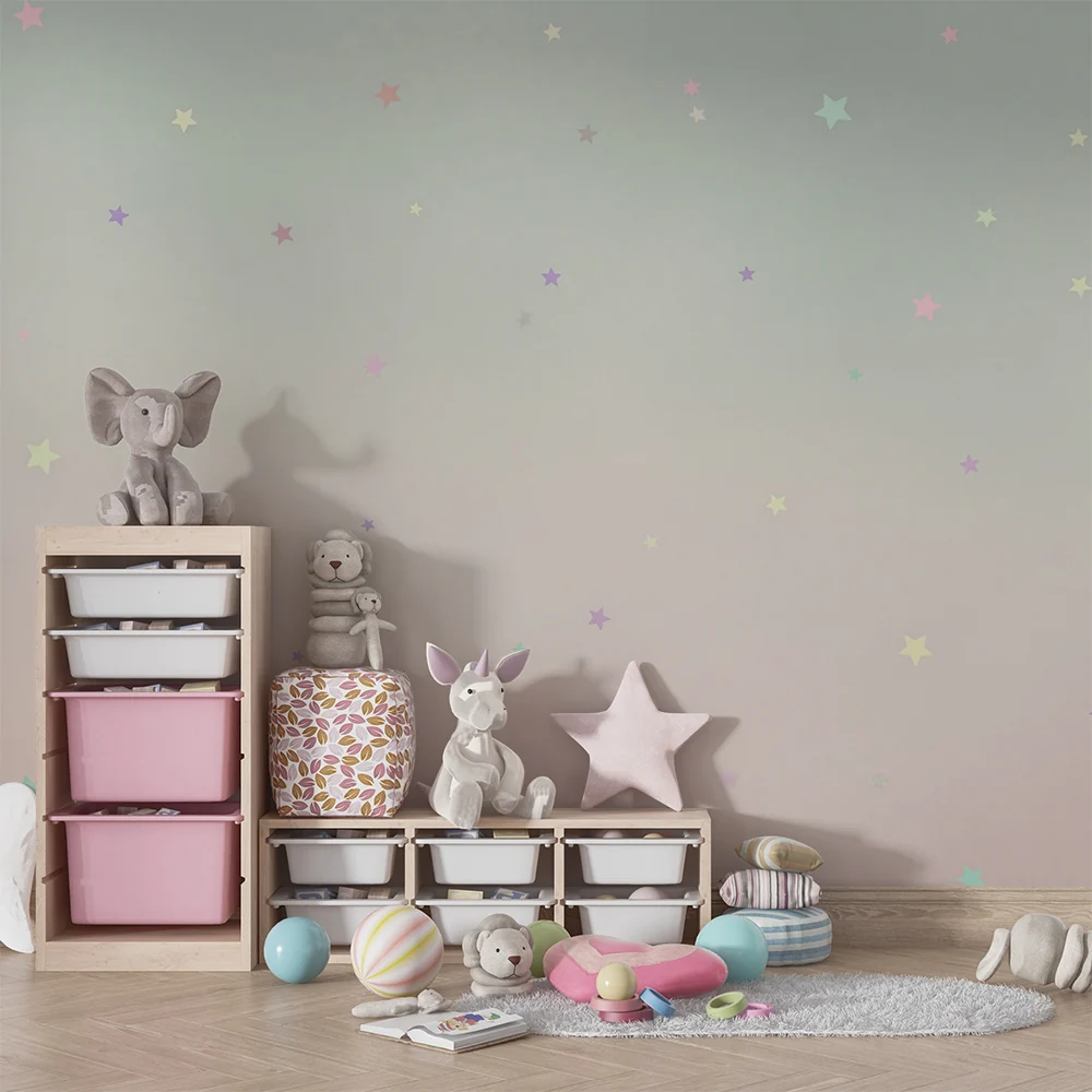 Nursery room wallpaper | Ragyogó pasztell csillagok puha háttéren
