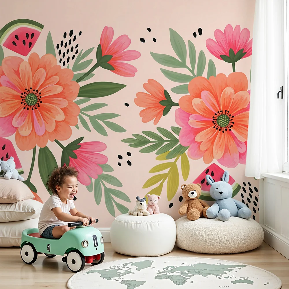 Nursery room wallpaper | Ragyogó virágok és görögdinnye rózsaszín hátteren