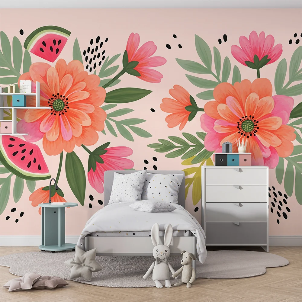 Nursery room wallpaper | Ragyogó virágok és görögdinnye rózsaszín hátteren