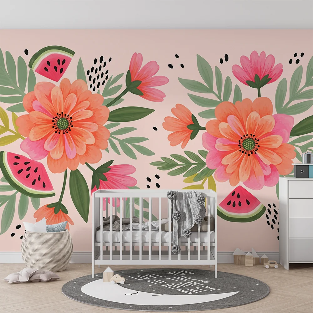 Nursery room wallpaper | Ragyogó virágok és görögdinnye rózsaszín hátteren