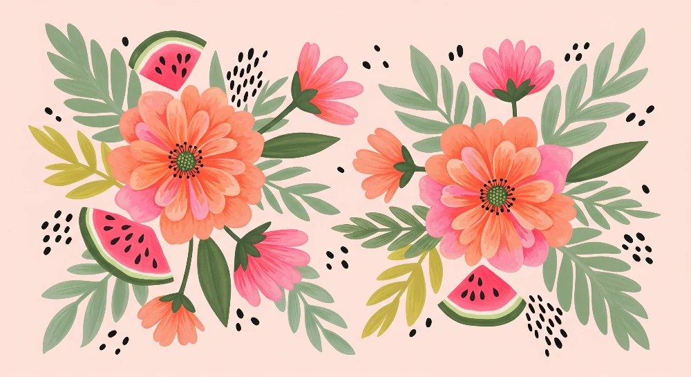 Nursery room wallpaper | Ragyogó virágok és görögdinnye rózsaszín hátteren