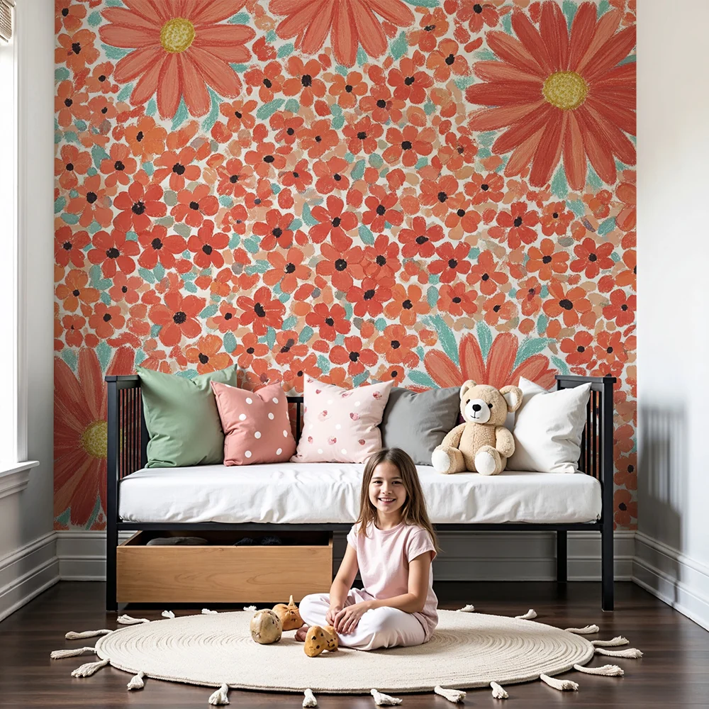 Nursery room wallpaper | Ragyogó virágok vörös és narancssárga árnyalatokban