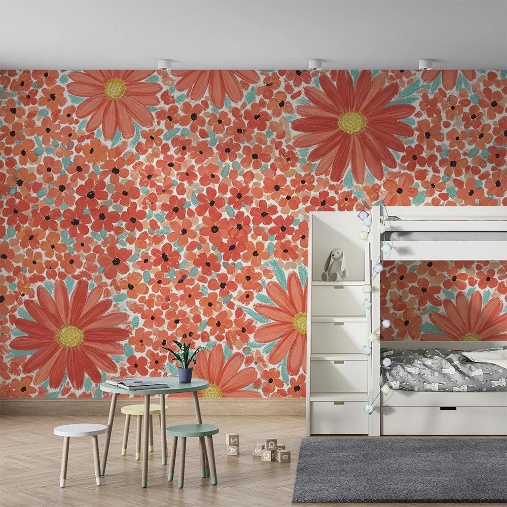 Nursery room wallpaper | Ragyogó virágok vörös és narancssárga árnyalatokban