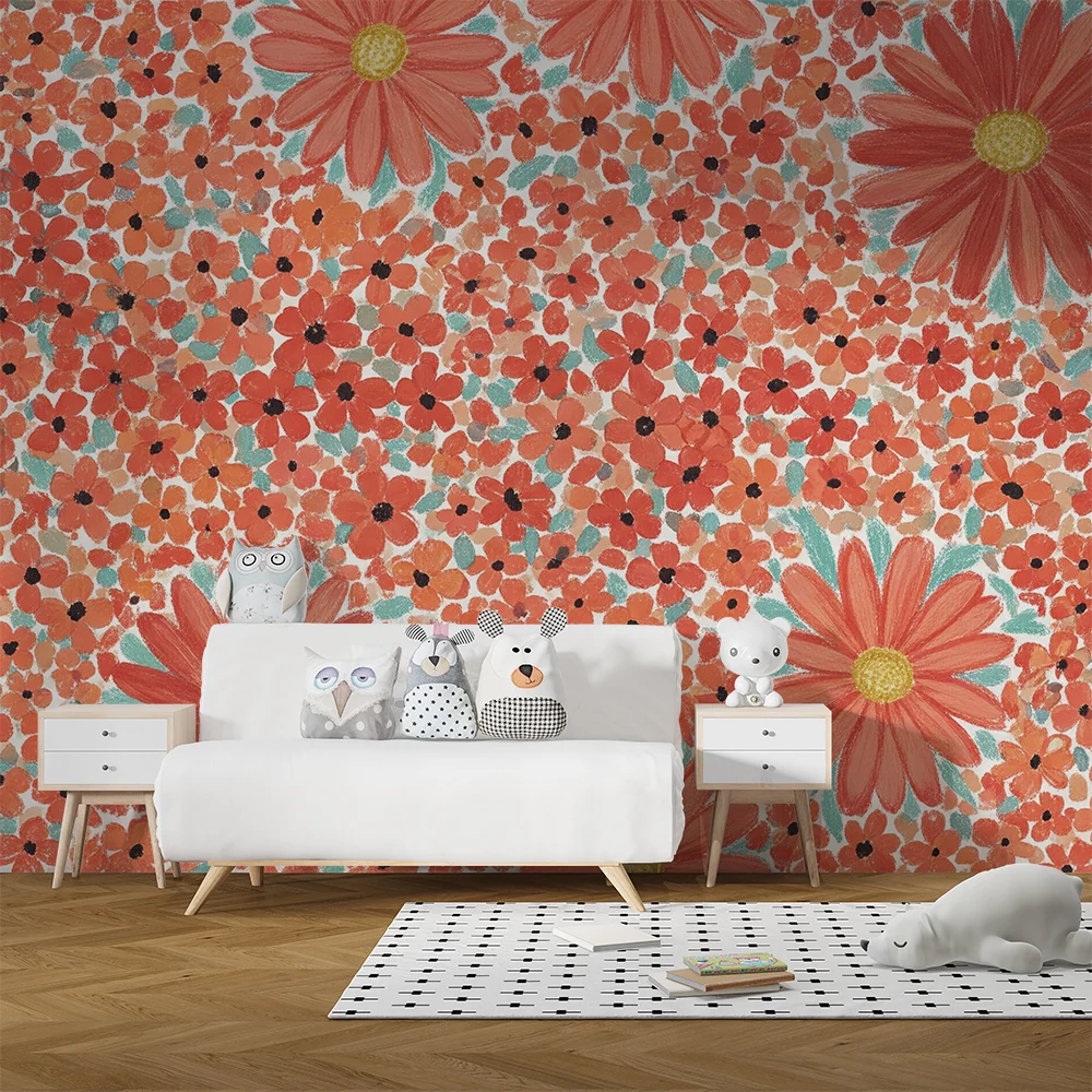 Nursery room wallpaper | Ragyogó virágok vörös és narancssárga árnyalatokban