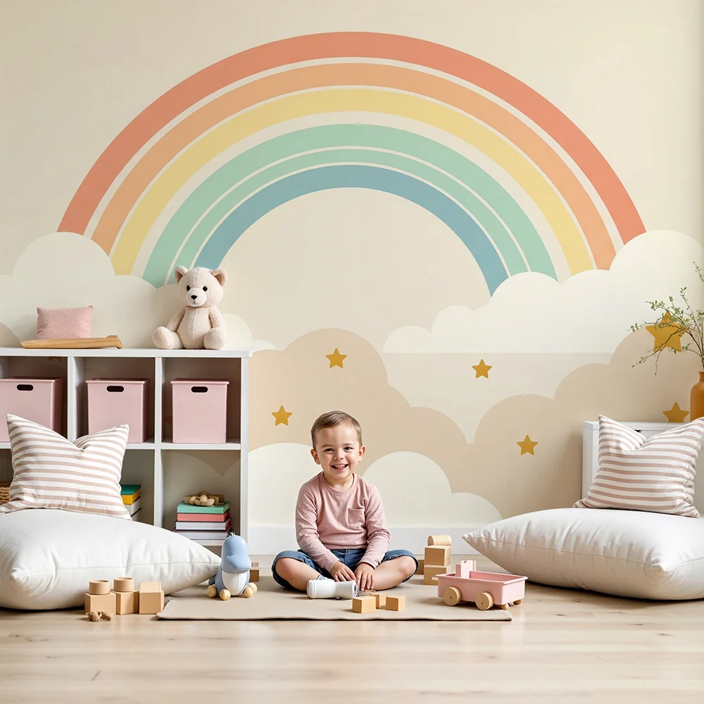 Nursery room wallpaper | Rainbow and soft clouds